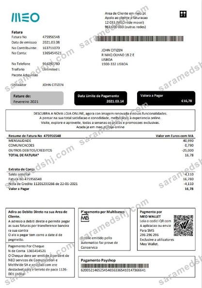 Portugal MEO utility bill template in Word and PDF format, fully editable